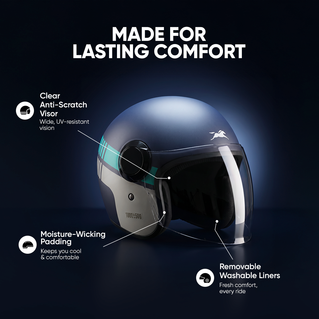 TVS Silk Route Helmet for Men & Women | Vintage Open Face Helmet with Clear Visor | ISI & DOT Certified | ABS Shell | EPS Liner | Retro Stylish Helmet for City & Highway Riding